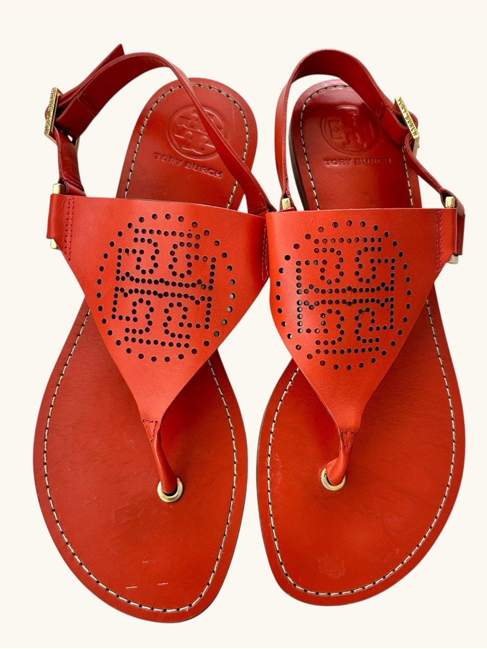 Tory Burch Daniela Sandals 8.5 Orange Leather Perforated Logo Thong Sandals